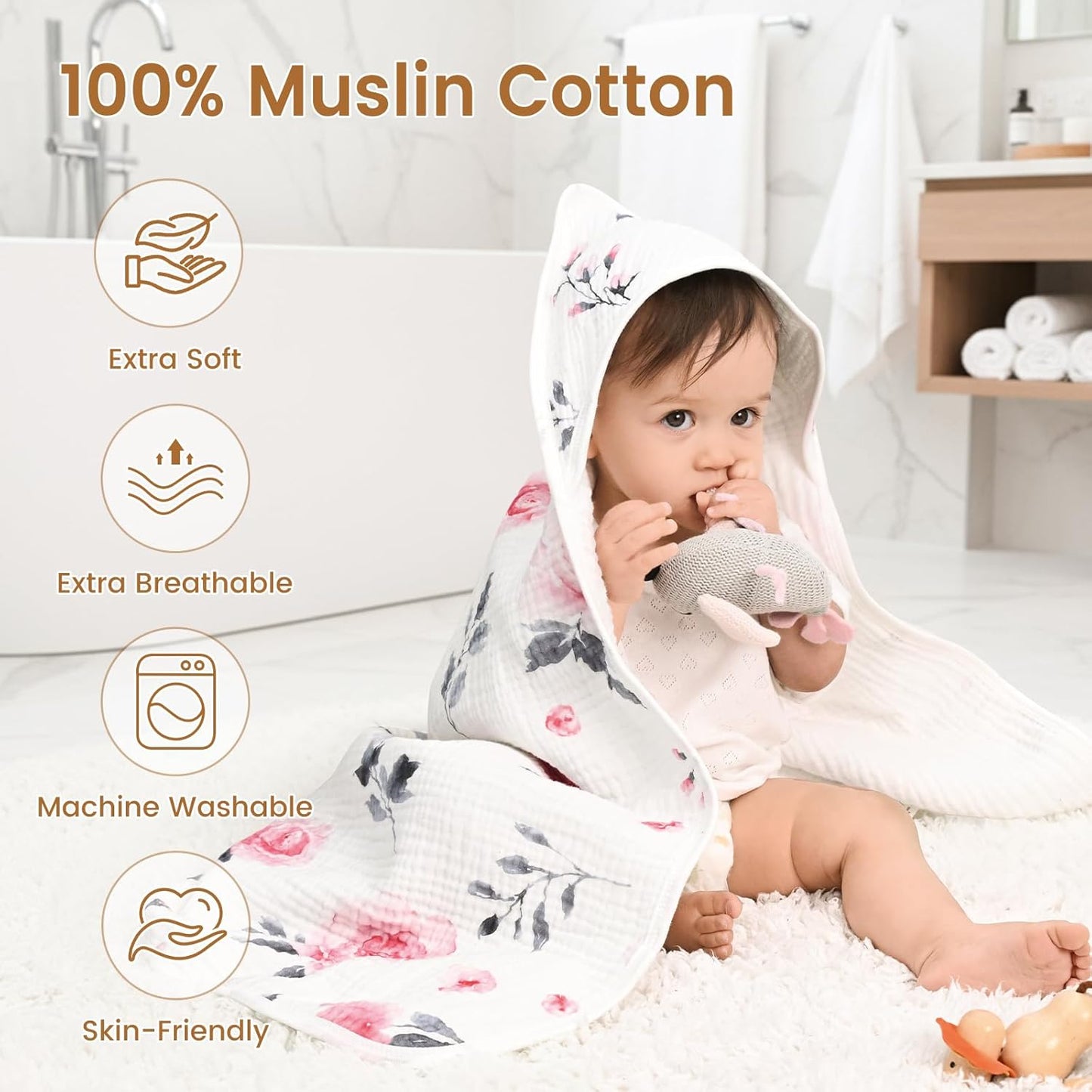david's kids 2 Pack Hooded Baby Towels, Large 32"x32", 6 Layer 100% Muslin Cotton Absorbent Girl Bath Towel for Newborn, Infant and Toddler. Soft and Breathable Baby Essentials, Pink Floral&Rose