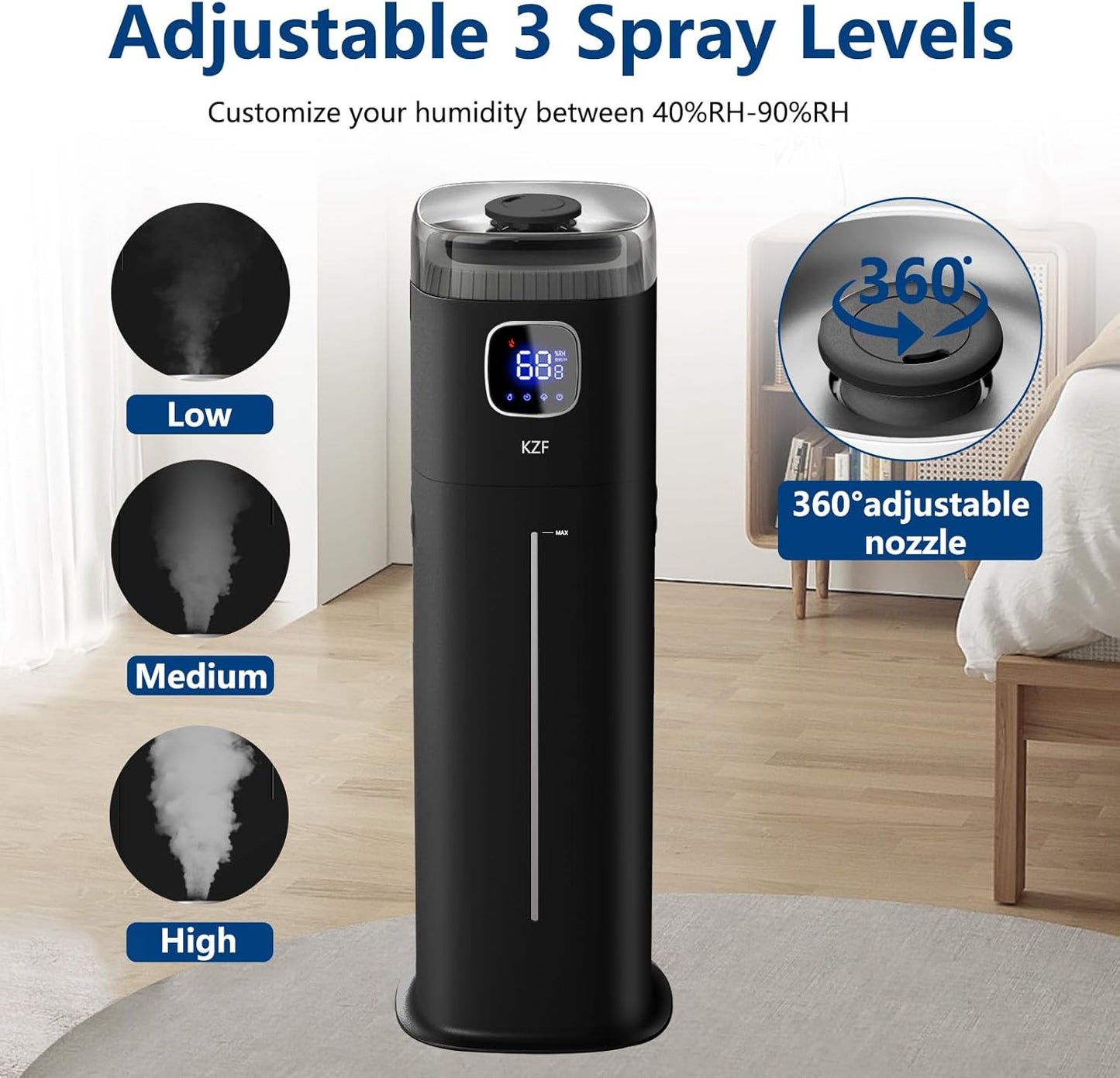 KZF Large Humidifier for Bedroom, 9L/2.5Gallon Ultrasonic Cool Mist Humidifier with Humidistat, 360°Nozzle, 350ML/H Big Mist Level, Suitable for Kids Room Livingroom Yoga Office Plant