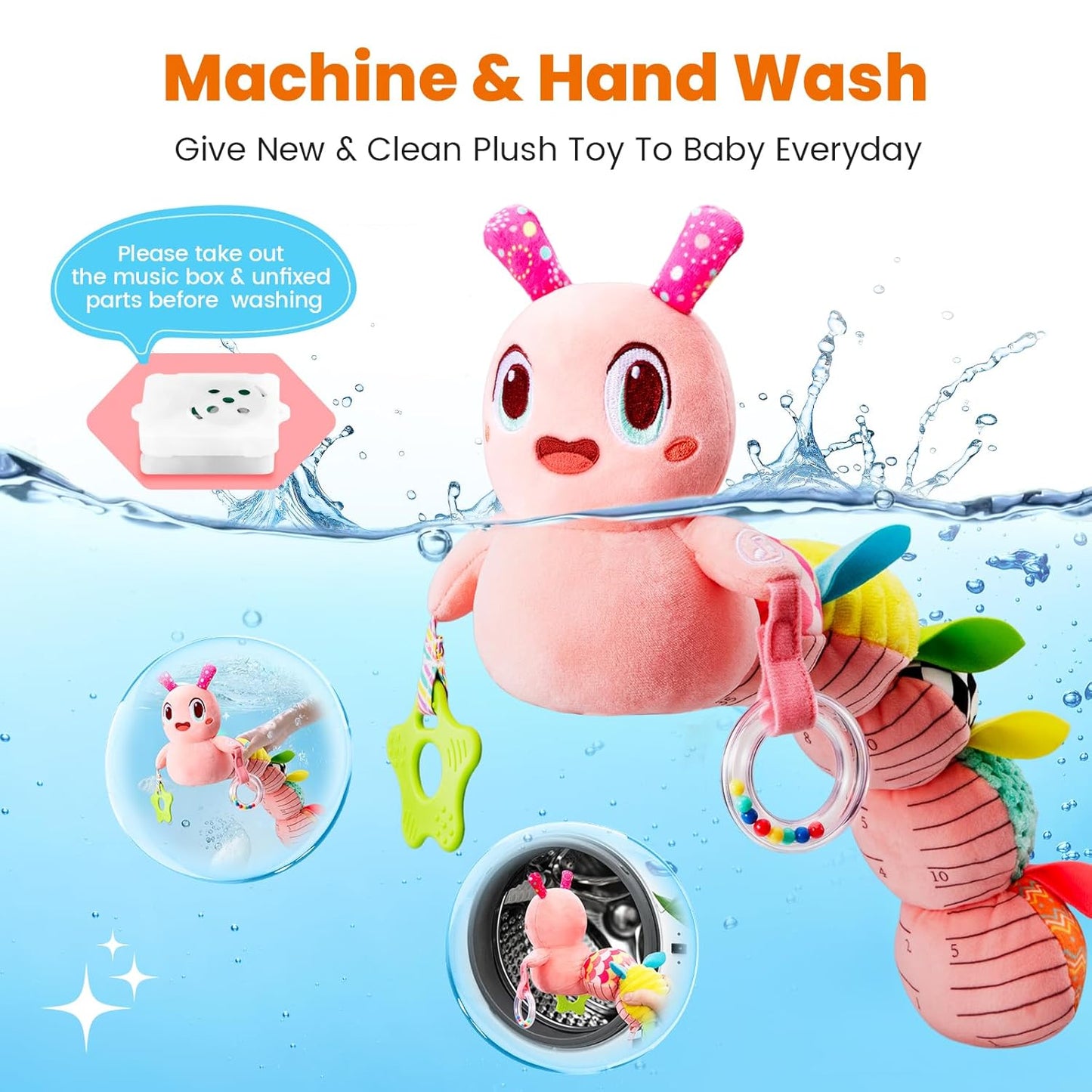 Baby Toys 0-6 Months, Washable Baby Musical Caterpillar Toys with 10 Kid's Songs,Rattles,BabyTeething Toys,Suitable for 0-6, 6-12 Months Infant Tummy Time Toy,Newborn Baby Boy&Gril Scensory Gifts