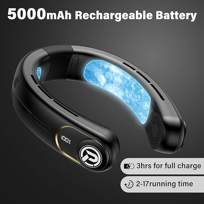 COMLIFE Neck Air Conditioner, 3-Speed Portable Neck Fan with Ice Cooler, 5000mAh Rechargeable Battery Operated Personal Air Conditioner, Hands-Free Bladeless Neck Fan for Sports Travel Outdoor Indoor