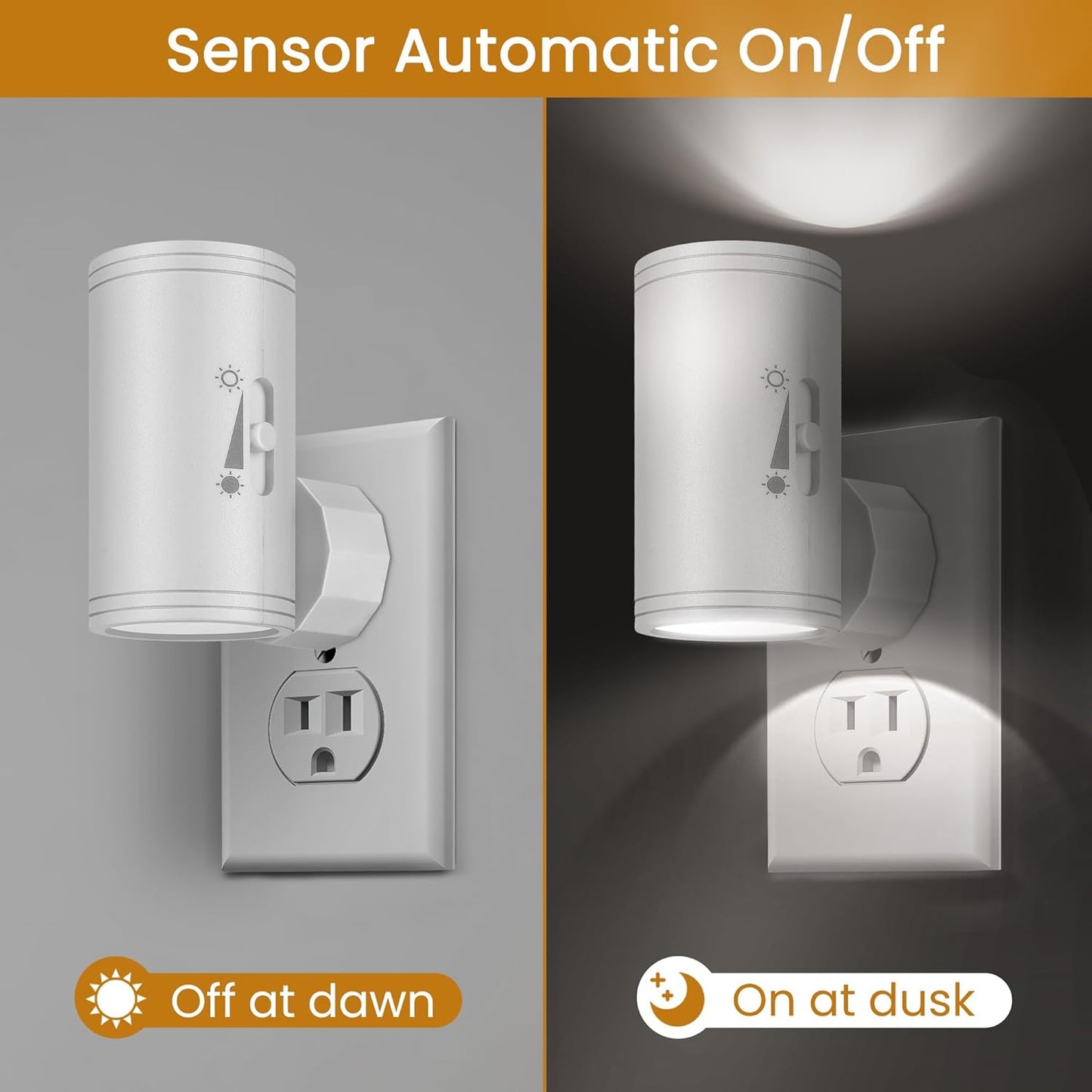Dimmable LED Night Light Plug into Wall - Adjustable Rotating Lamp with Light Sensor, Auto On/Off from Dusk to Dawn for Bedroom, Hallway, Bathroom 2-Pack