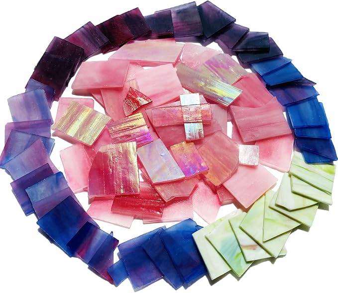 Pink and Purple Glass Mosaic Tiles, Irregular Stained Glass Scraps Sheets