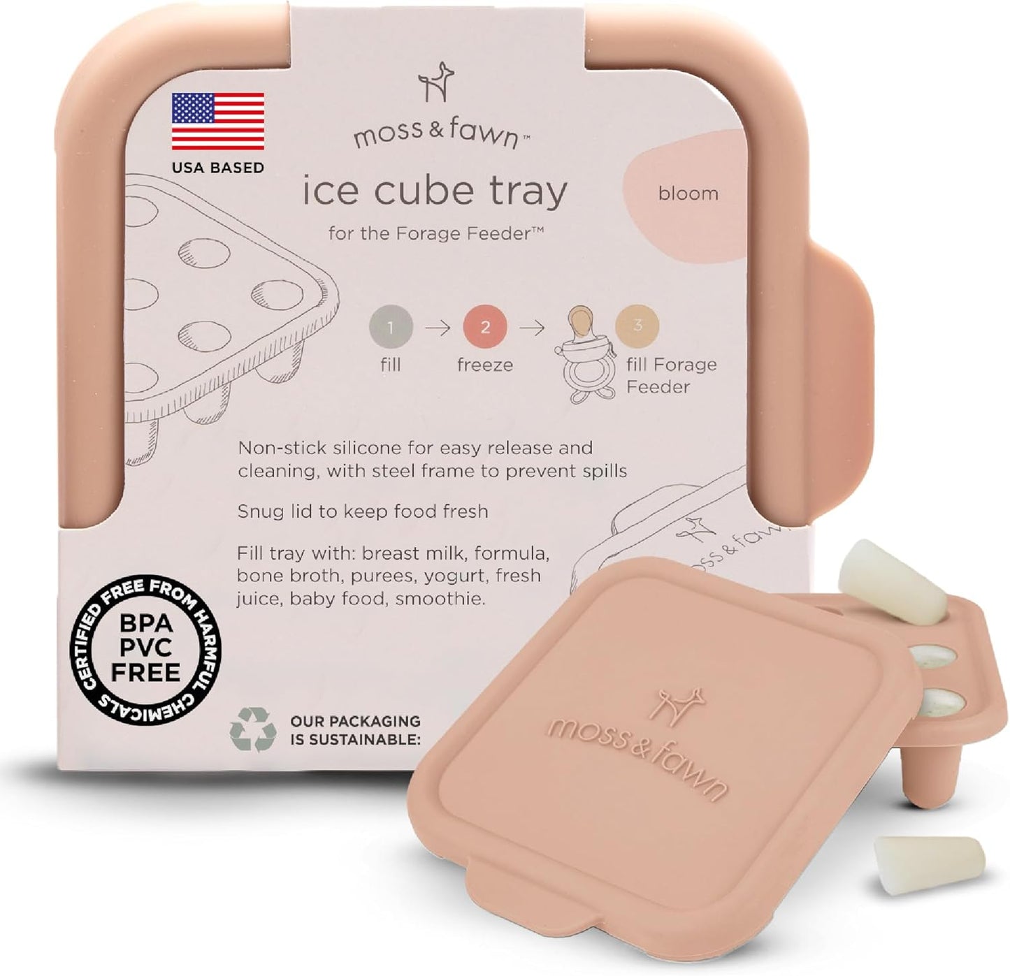 Moss and Fawn Ice Cube Tray - Forage Feeder Freezer & Teething Popsicle Mold for Breast Milk, Formula, Bone Broth, Purees, & Baby Food - BPA, Lead, & PVC-Free - Bloom