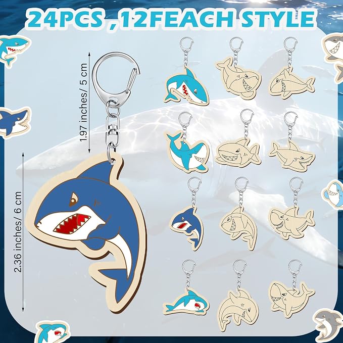 RattanView 24 Pcs Summer Shark Crafts Color Your Own Keychains DIY Craft Wooden