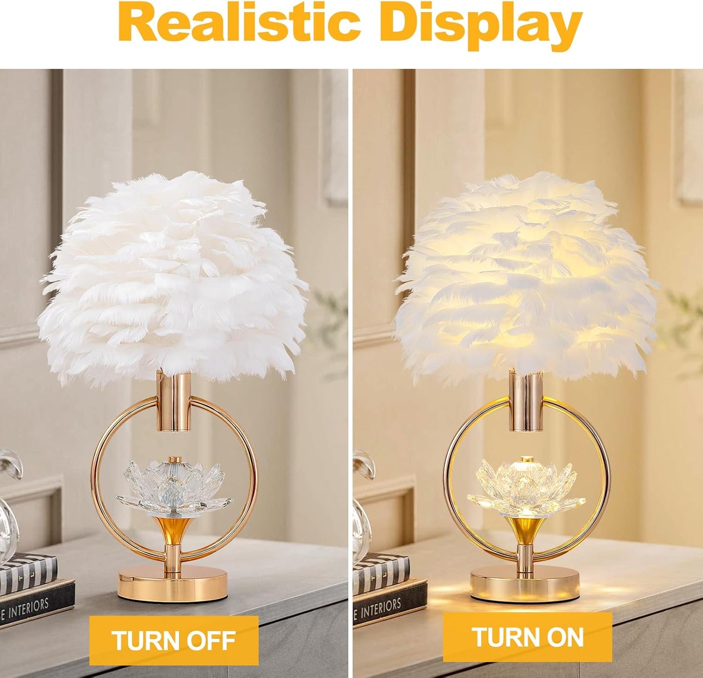ZYLEIESENBAO Chic White Feather Lamp 17IN Modern Crystal Fluffy Table Lamp Cute Romantic Bedside Nightstand Light Nordic Furry Desk Lamp for Girl Bedroom Living Room Entry Office Hotel Party Wedding