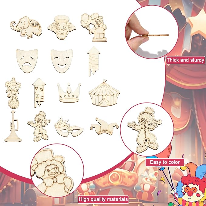 200 Pcs Unfinished Wooden Cutouts Carnival Blank Wood Slices Circus Wooden