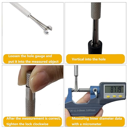 Beslands Hole Gauge Set, 1/8" to 1/2" Range, Telescoping Bore Gauge, Ball Type