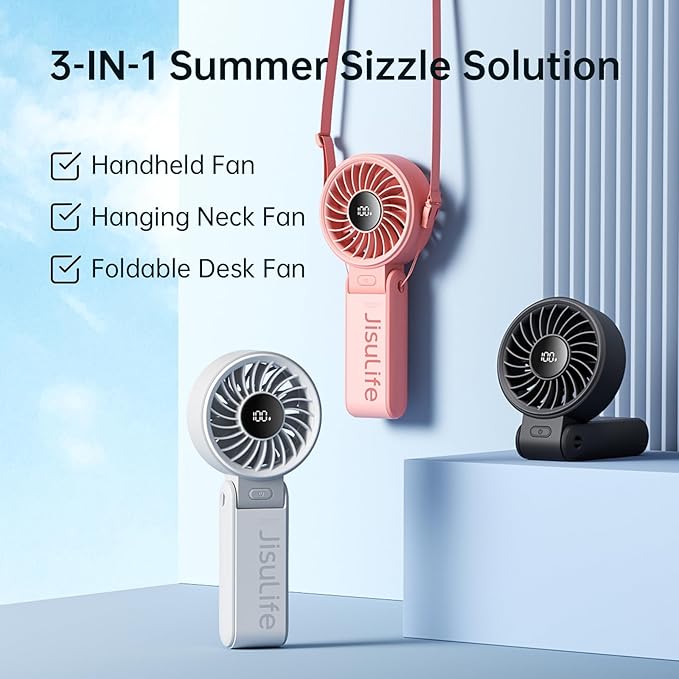JISULIFE Handheld Fan Life7 – Ultimate Flexibility: High-Power Motor, LED Display, 19.5 Hrs Cooling, 5000mAh Rechargeable, 5-Speed, Foldable Design, 3-IN-1 Portable Fan for Travel Cruise Beach(Grey)