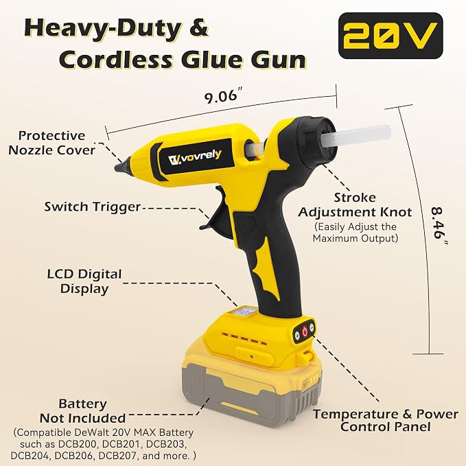110W Cordless Hot Glue Gun for DeWalt 20V MAX Battery | Temp Adjust, Fast