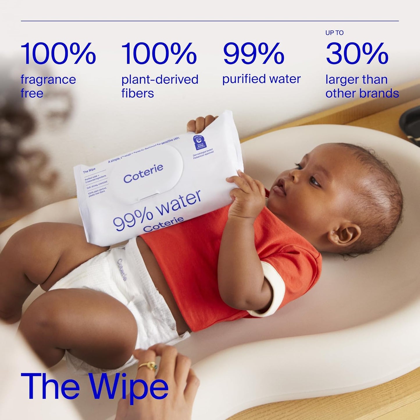 Coterie Baby Wipes for Sensitive Skin, Plant-Based & Plastic-Free Fibers, 99% Water, Hypoallergenic, pH Balanced, Unscented, Clean and Gentle Baby Essentials, 4 Standard Packs and 8 Travel Size Packs