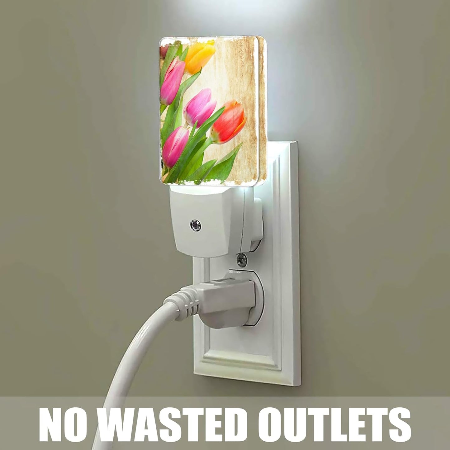 Vintage Tulips Night Light Plug in Wall Lamp Smart Dusk to Dawn Sensor for Home Decorative, Kids Room Bedroom Bathroom Kitchen Hallway Gifts