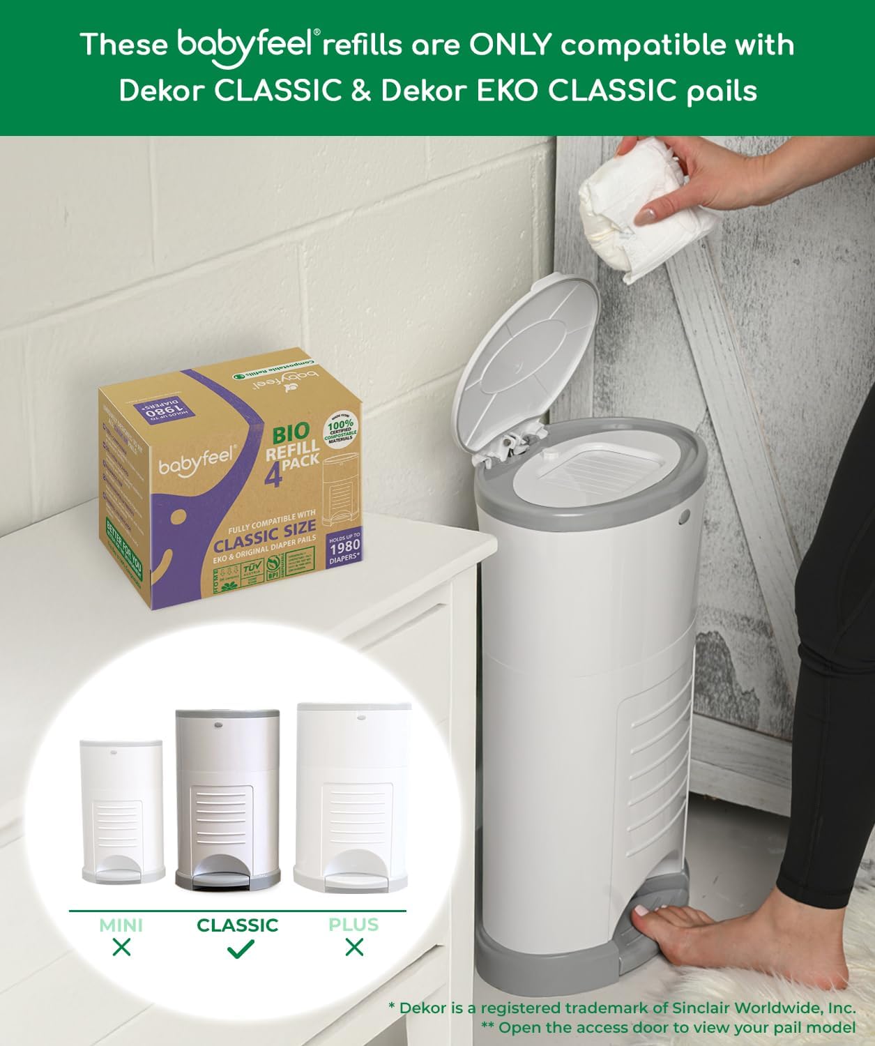 Babyfeel BIO Refills Compatible with DEKOR CLASSIC Diaper Pails | 100% Compostable |4 Pack |50% Extra Thickness | Compost Refill bags with Running Low Indicator |Powerful Odor Control | Fragrance-free