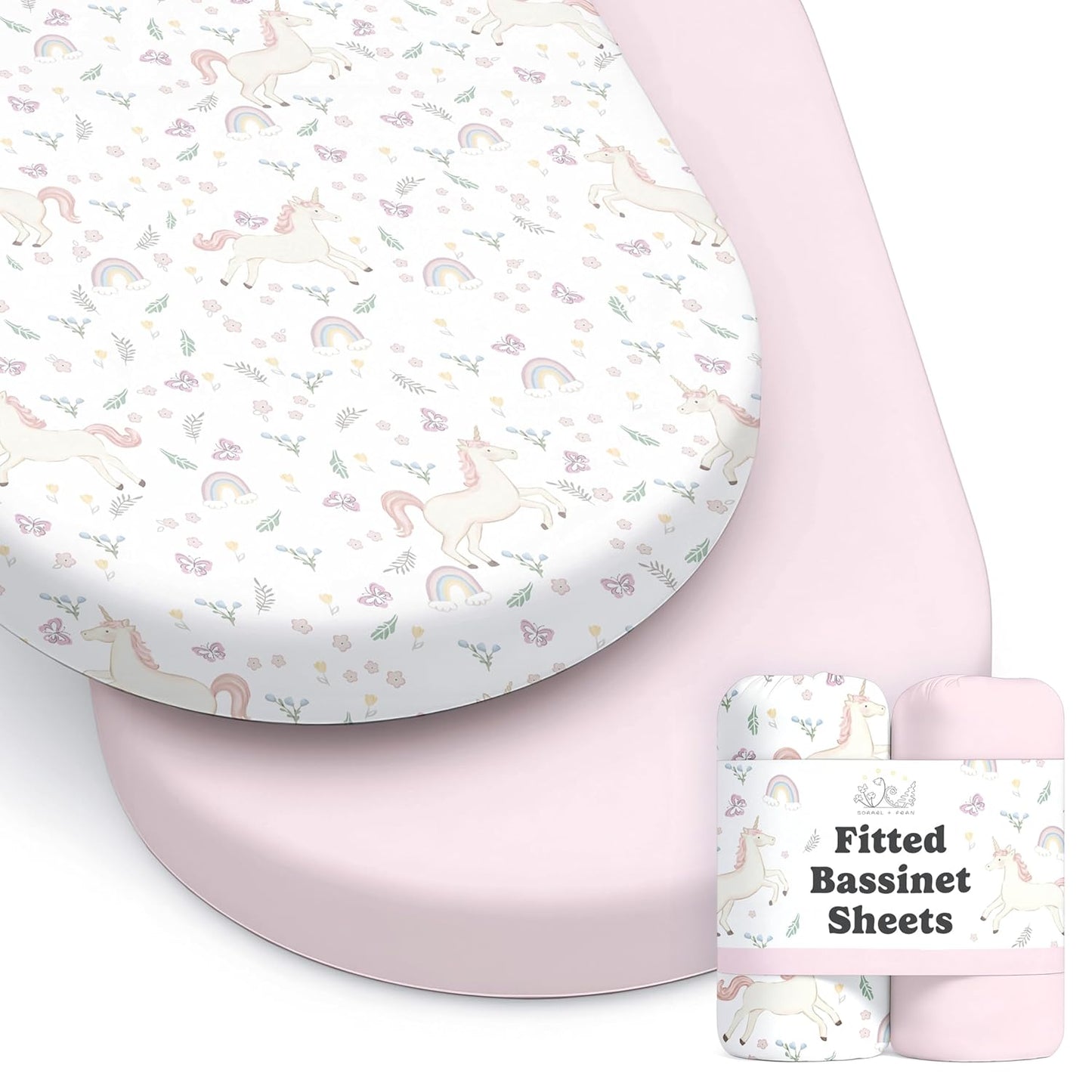 Baby Bassinet Sheets for Boy, Girl (Unicorn Blossom) 2-Pack - Fitted Bedside Bassinet Sheets - Buttery Soft Cotton Blend for Standard Mattress Pad - Compatible with Halo BassiNest