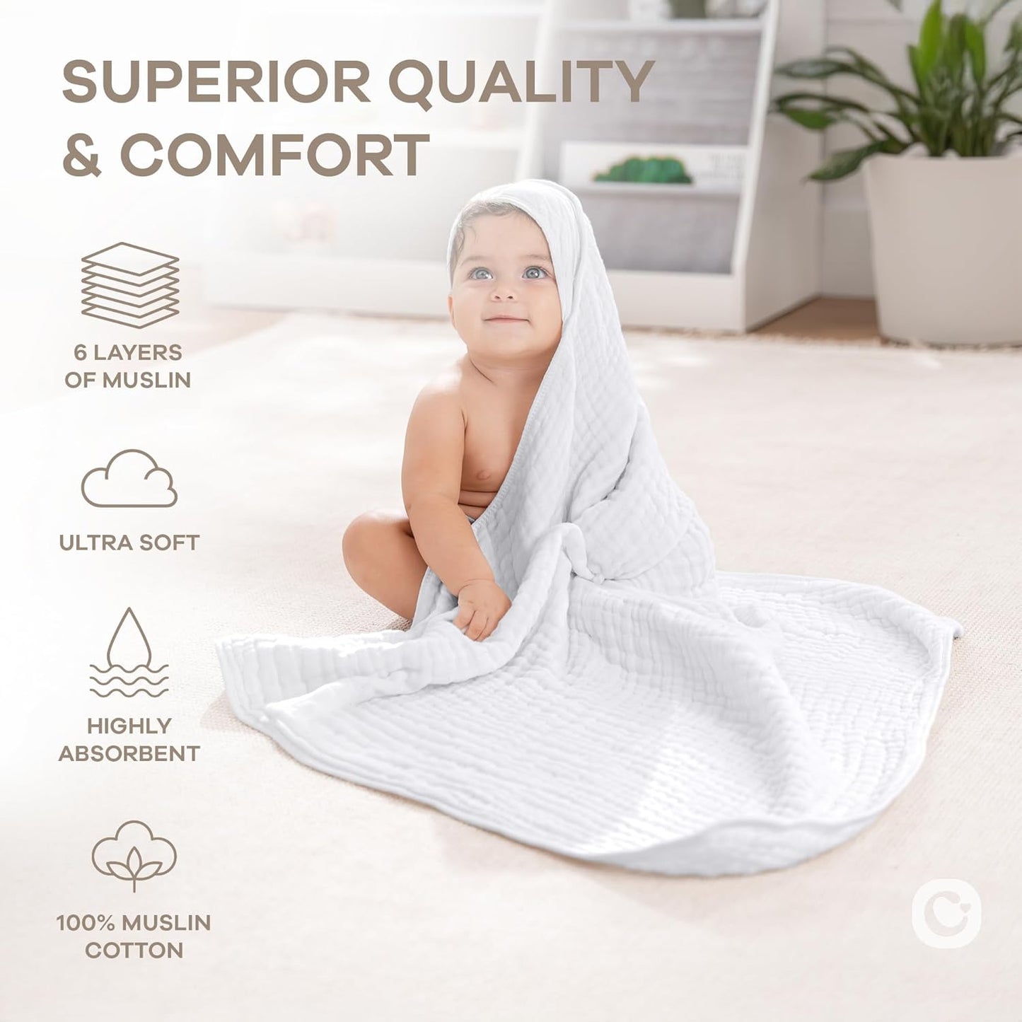 Comfy Cubs Baby Hooded 9 Layer Muslin Cotton Towel for Kids, Large 32” x 32”, Ultra Soft, Warm, and Absorbent. Baby Essentials Bath Towels, Cute Unisex Cover for Girls and Boys (Pack of 1, White)