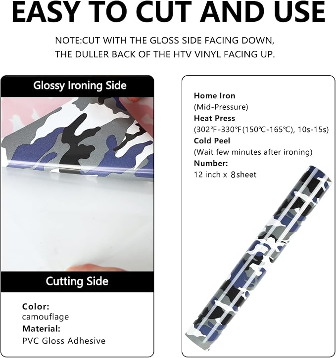 TUMIYA Camo Army Grey Heat Transfer HTV Vinyl Rolls, Stretchy PU HTV Vinyl