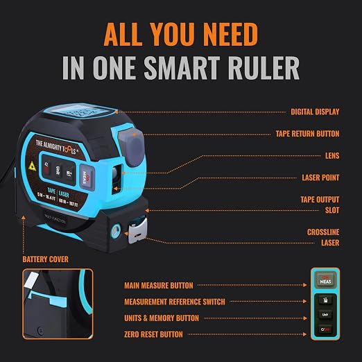 The Almighty Ruler Laser Tape Measure | Laser Distance Measurer, Heavy-Duty Tool