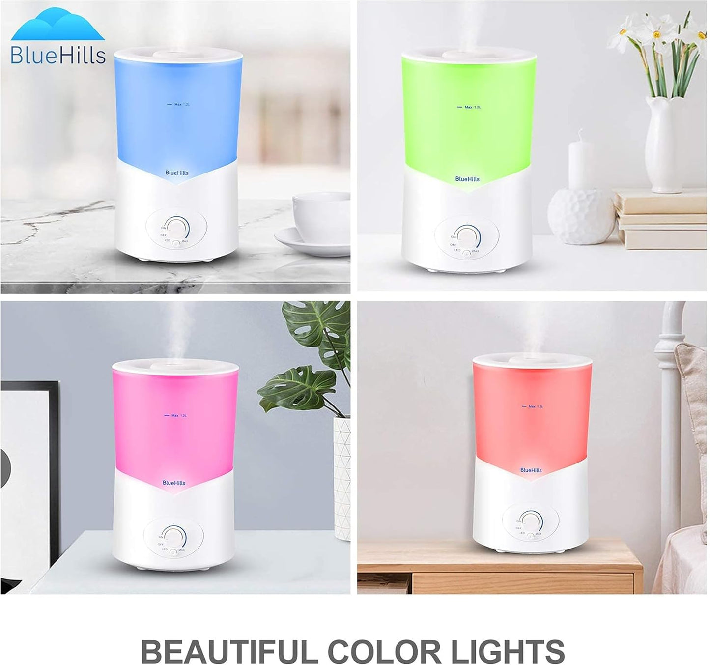 BlueHills Large 1000 ML XL Essential Oil Diffuser White Aromatherapy Humidifier 1 Liter Capacity for Big Living Area Baby Room Home Long Run Huge Coverage Area High Mist Large Size 1L A1