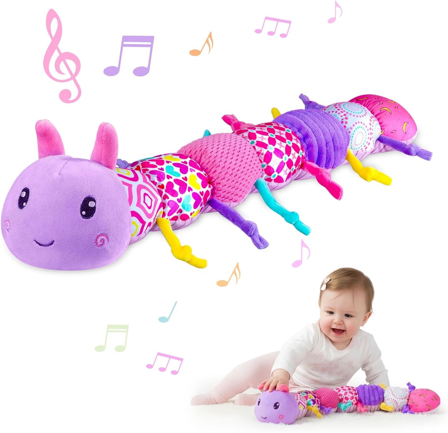 Baby Infant Musical Stuffed Animal Soft Toy with Multi-Sensory Crinkle, Rattle & Textures,Baby Girl Toy Birthday Gift for 0 3 6 9 12 Months+,Caterpillar,Purple