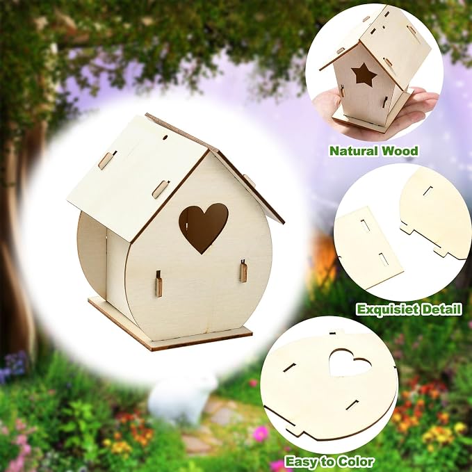 6 Sets 6 Styles Breeding Box Theme Unfinished Wood Bird House Hollow Star