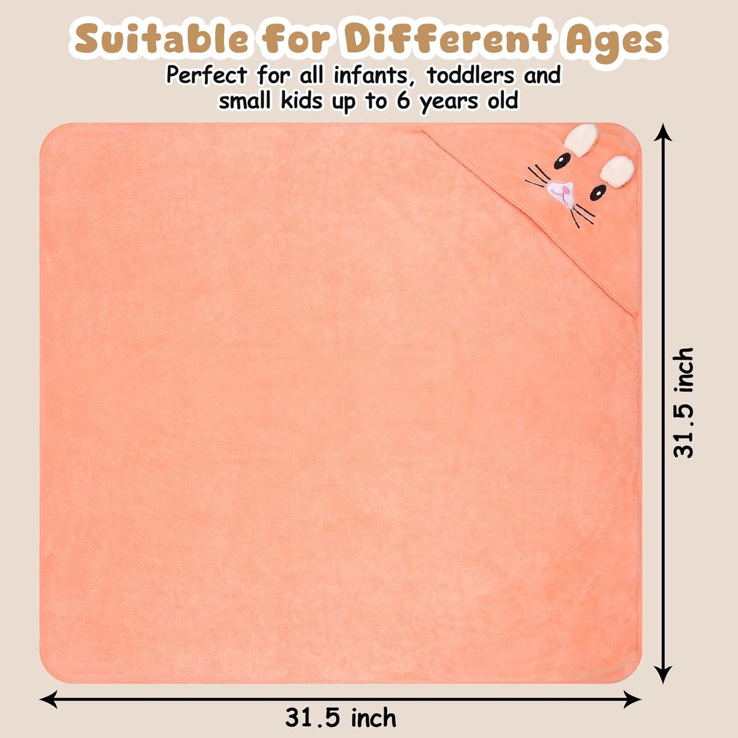 6 Pack Baby Hooded Bath Towels, Premium Ultra Soft Absorbent Coral Fleece Bath Towel Set for Newborns, Infants, Toddlers, and Kids, 31.5 X 31.5 Inch Hooded Towel for Boys and Girls