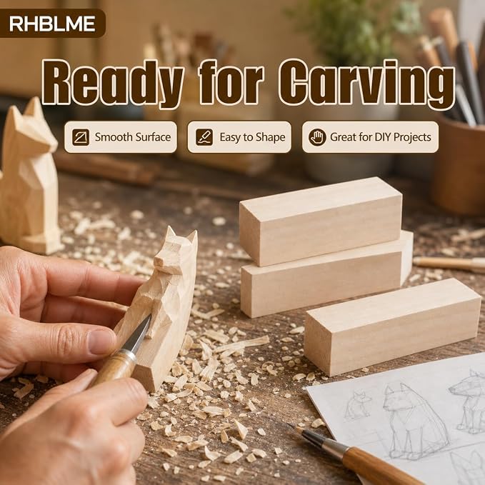 RHBLME 40 PCS Basswood Carving Blocks, Wooden Cubes Soft Solid Wooden Basswood