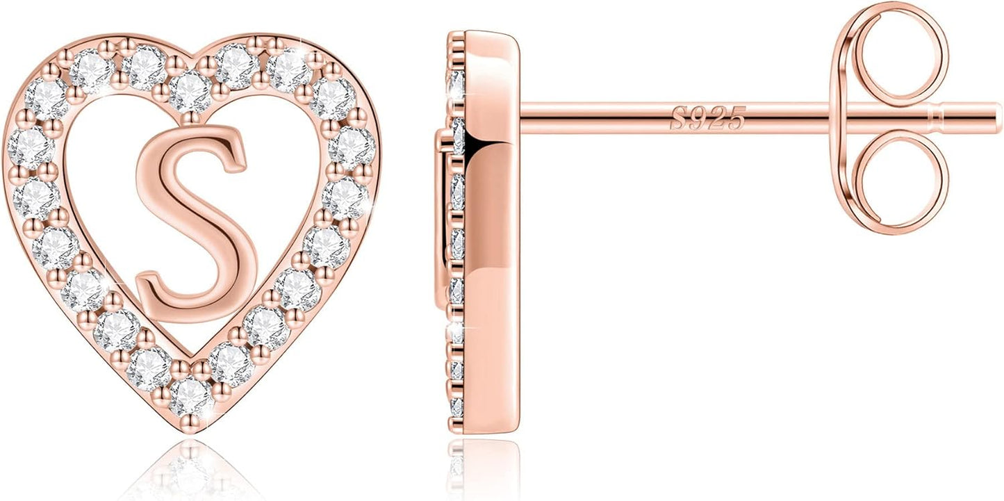 Anoup Christmas Gifts for Grandkids Girls Earrings - S925 Sterling Silver Post CZ Hypoallergenic Stud Heart Initial Earrings for Women Kids Jewelry Stocking Stuffers for Teen Girls Birthday Gifts