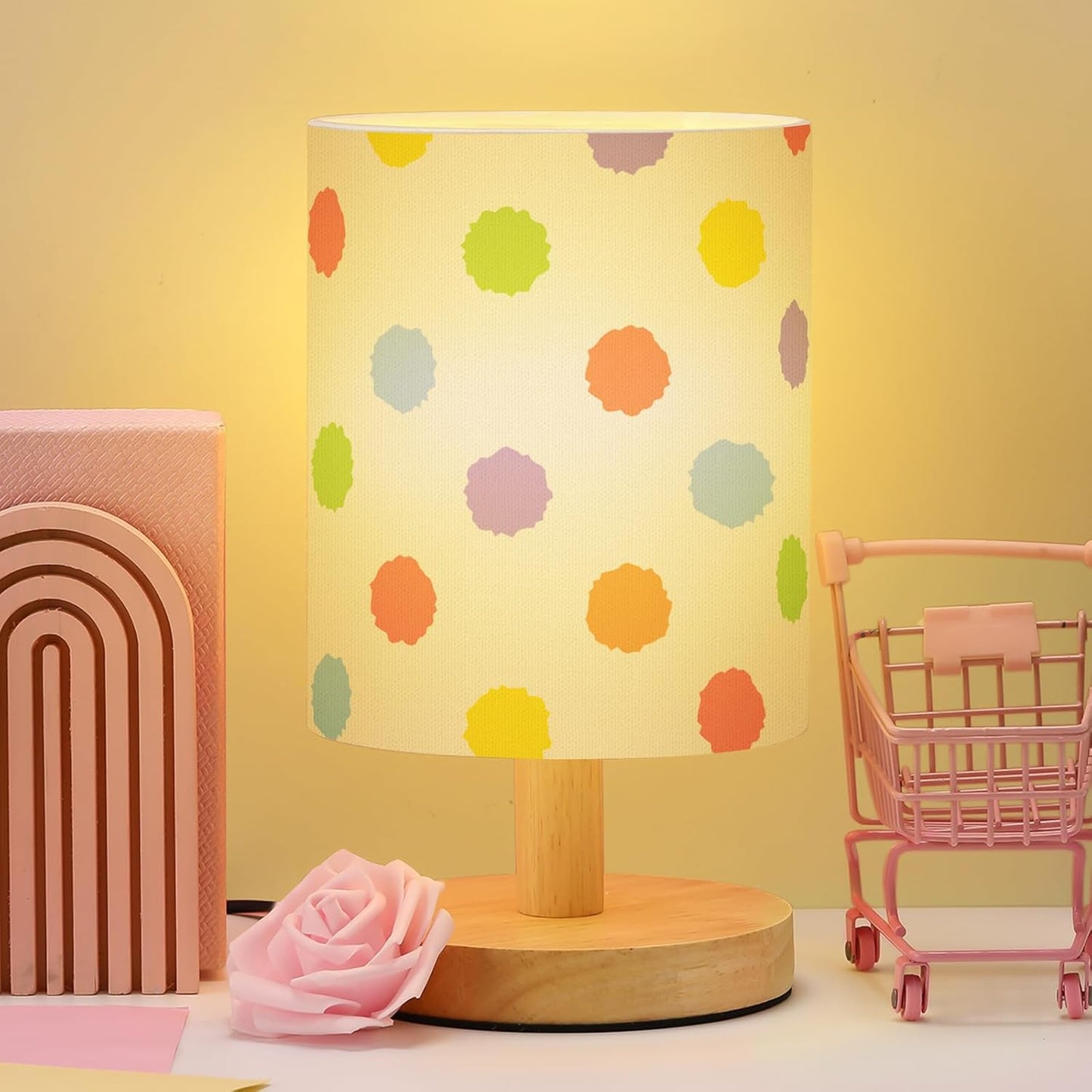 VIHOSE Polka Dot Kids Table Lamp for Bedroom Kids Bedside Lamp with Linen Wooden Nightstand Cartoon Nursery Lampshade for Girls Boys Living Room