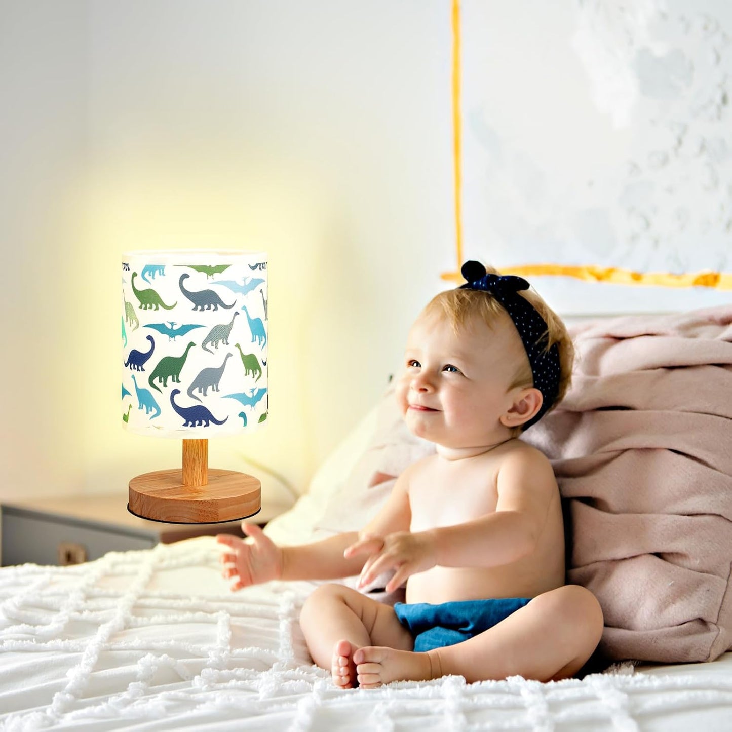 VIHOSE Dinosaur Kids Table Lamp for Bedroom Kids Bedside Lamp with Linen Wooden Nightstand Cartoon Nursery Lampshade for Girls Boys Living Room
