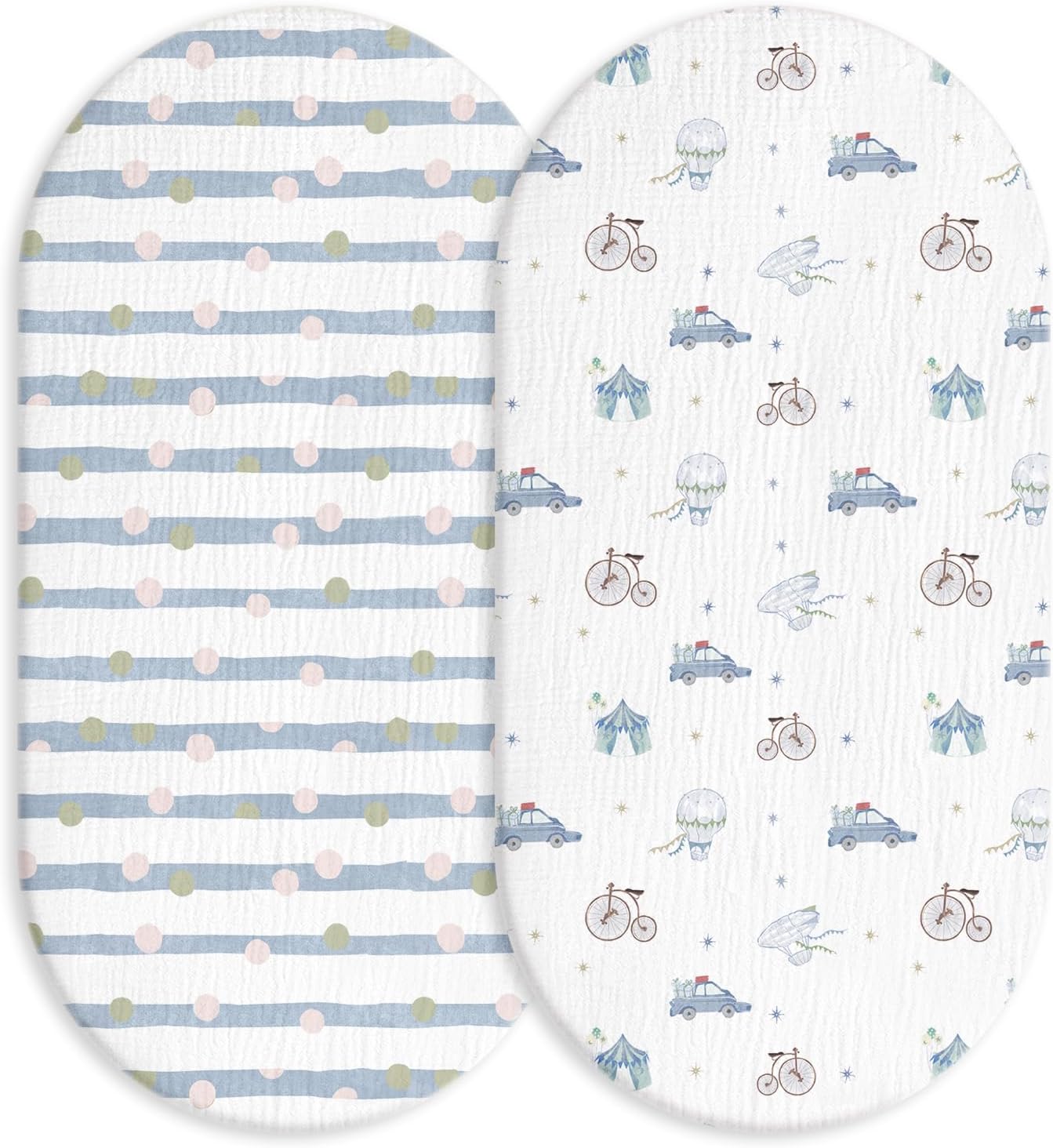 Muslin Bassinet Fitted Sheets, 2 Pack for Baby Boy and Girl, Soft Breathable Baby Pad/Mattress Sheet, Fit for Hourglass Oval and Rectangle Bassinet Mattress (Cute Cars)