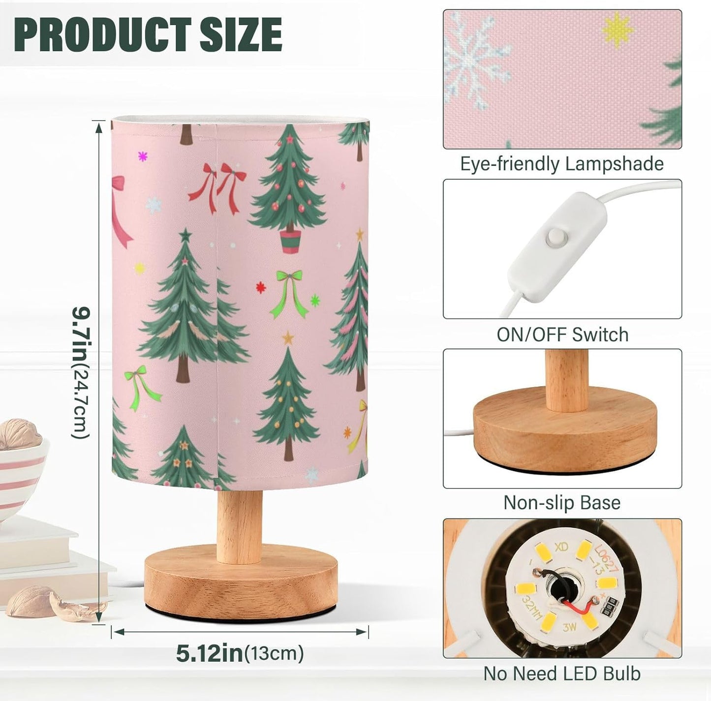 Christmas Trees Pink Bow Table Lamp Bedroom Bedside Night Reading Desk Lamps Cylinder Nightstand Sleeping Light Lamp for Xmas Party Living Room Office Decor