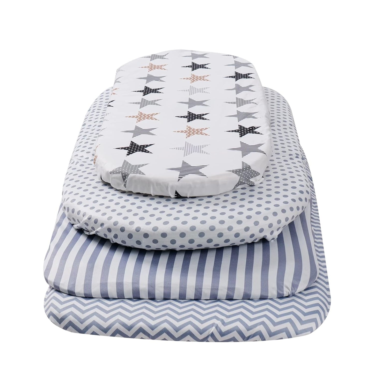 Onacosht Bassinet Sheets for Baby Boy and Girl, Stretchy Breathable Fitted Sheet Universal for Bassinet Cradle Hourglass Oval Rectangle Pad/Mattress, 4 Pack Stripes Dots Chevrons and Stars ﻿