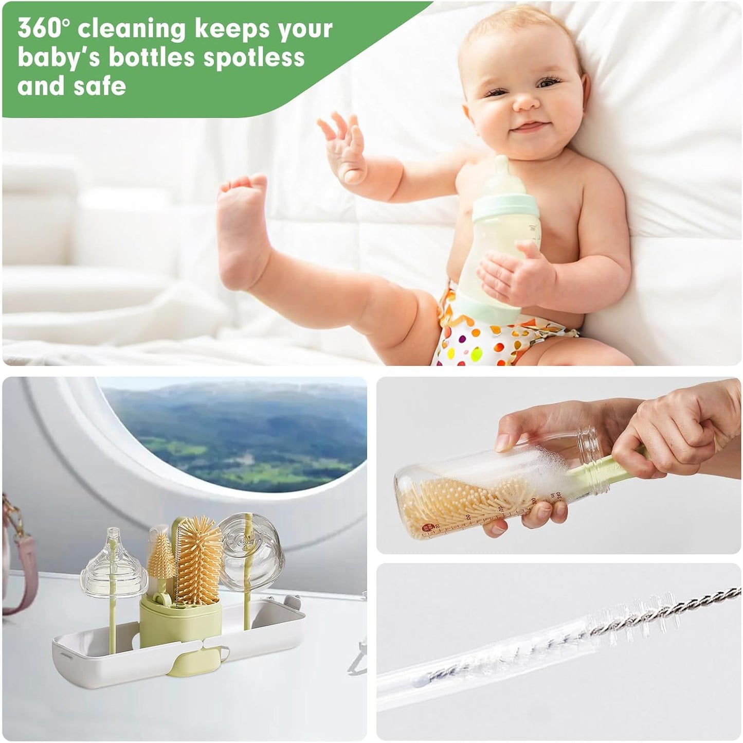 Baby Bottle Brush Set - Baby Bottle Cleaner Kit with Nipple Brush, Silicone Bottle Brush, Straw Cleaner Brush, Soap Dispenser, Bottle Drying Rack - 7 in 1 Bottle Cleaning Tool Set for Home and Travel