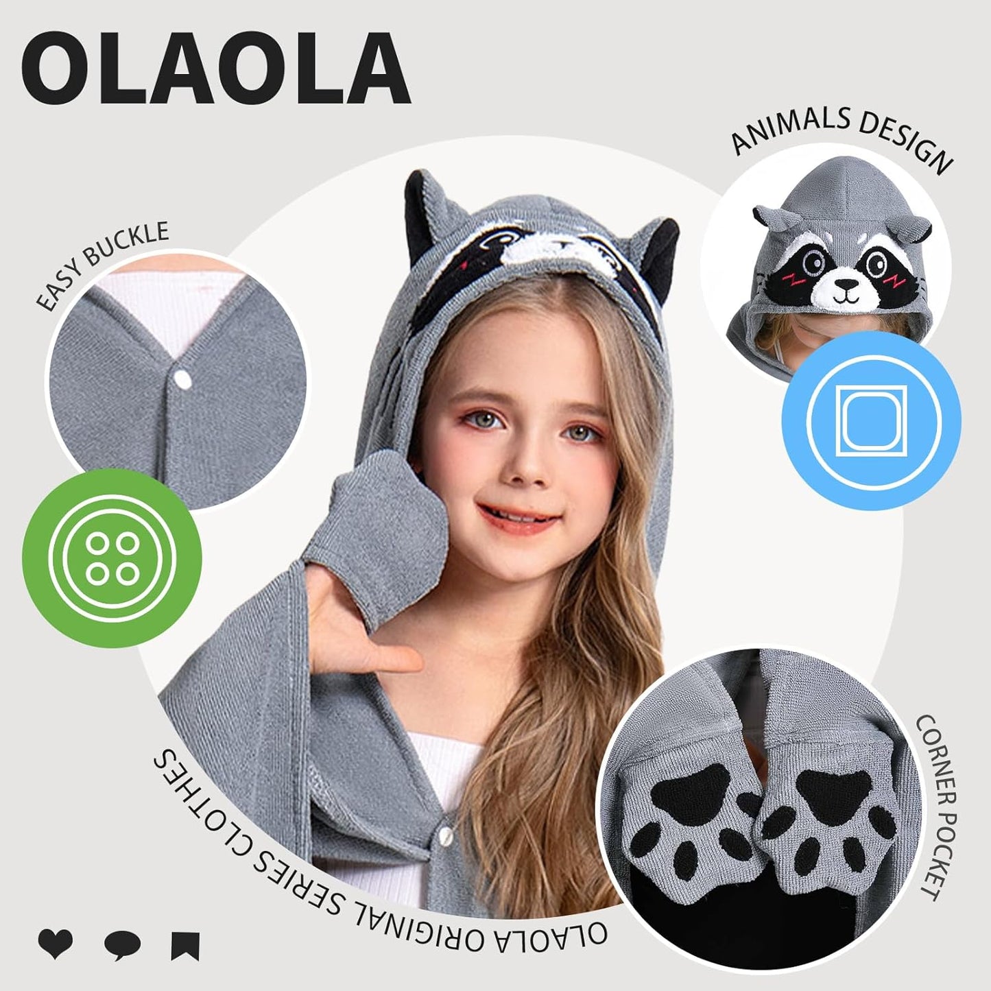 OLAOLA Raccoon Hooded Towel for Kids 3-12 Years, 28" x 53" Soft Thick Absorbent Beach Towels, Toddler Bath Towel Wrap, Swim Pool Towels Poncho for Boys Girls