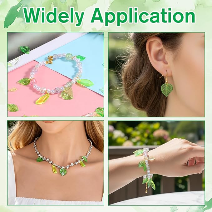 320 PCS Green Leaf Beads for Jewelry Making, Acrylic Green Leaf Charms