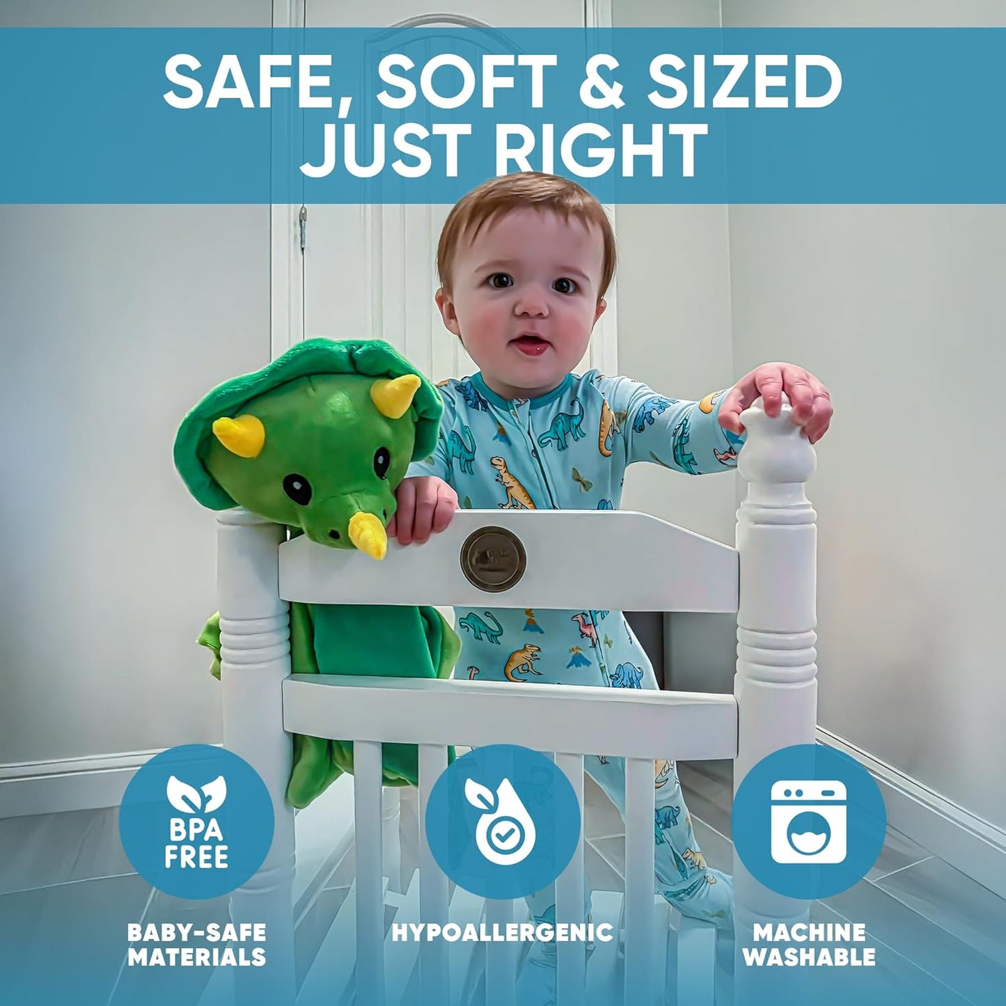 Baby Sleep Soother Green Dino Plush with Heartbeat & Lullaby Sounds, 4-in-1 Sound Machine, Security Blanket & Pacifier Holder, Baby Registry Essential & Christmas Gift for Newborns, Infants & Toddler