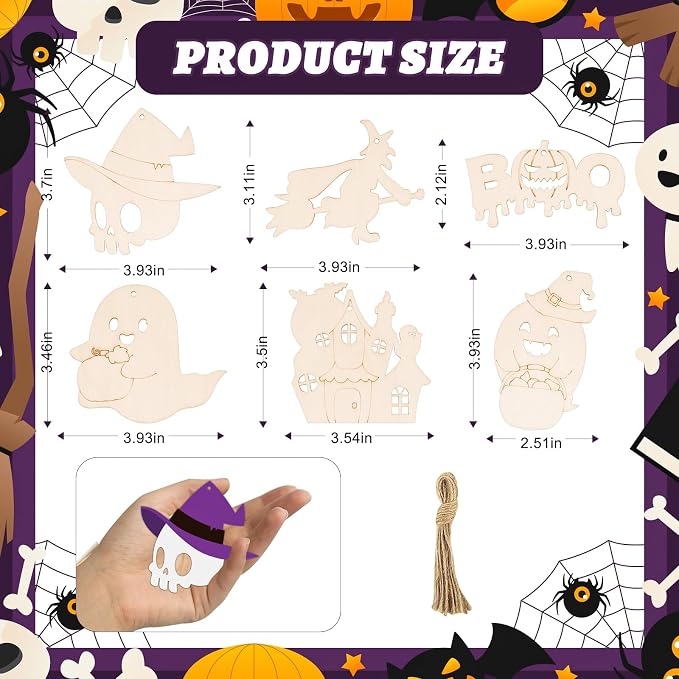 24 PCS Unfinished Wooden Halloween Crafts, Pumpkin Ghost Shaped Hanging