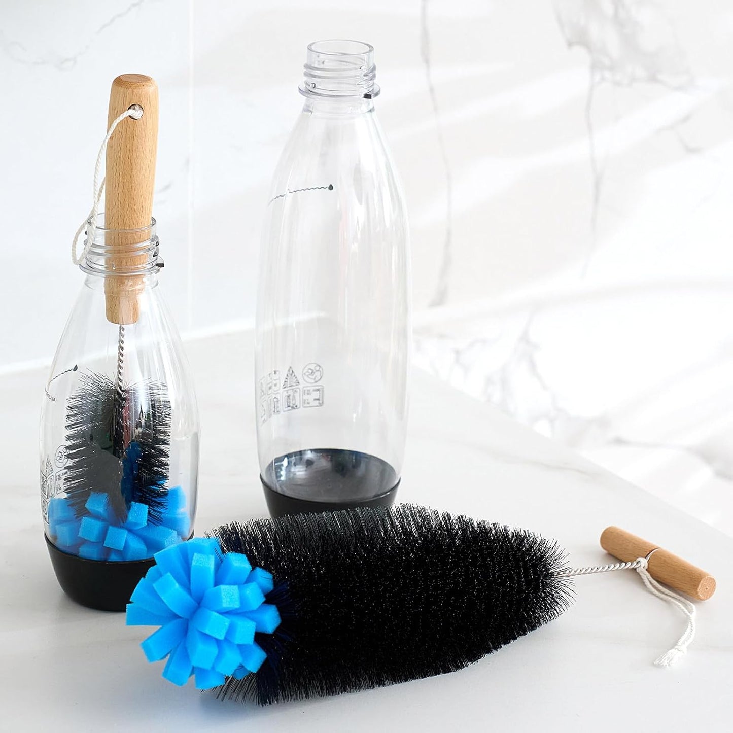 Mimorou 2 Pack Sponge Bottle Brush Compatible with SodaStream, Soda Bottle Cleaner Brush with Gentle & Anti-Scratch Bristles, Wood Handle for Glassware Cleaning, Black