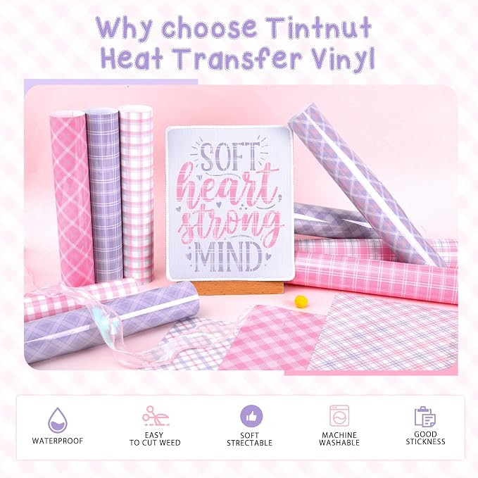 Tintnut Pink Purple Plaid Heat Transfer Vinyl, PU HTV Sheets, easy cut & weed