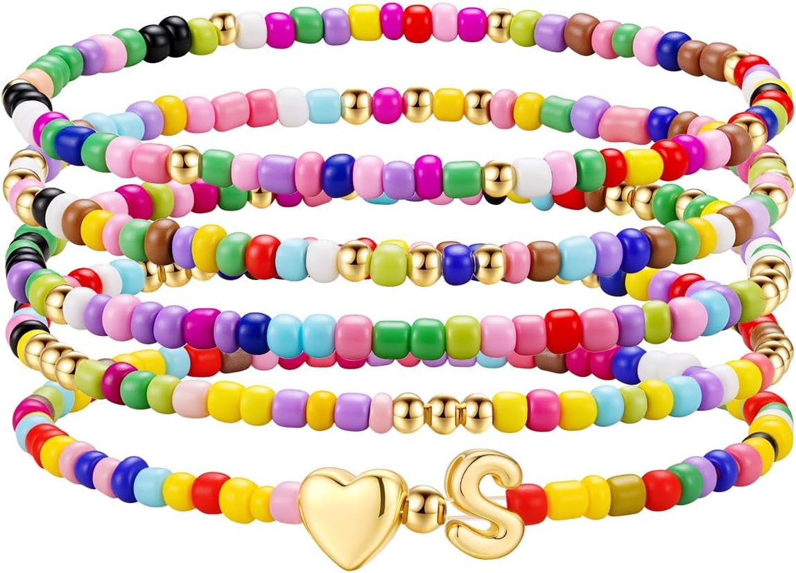 M MOOHAM Stocking Stuffers for Kids Girls Teen - 5PCS Colorful Beaded Initial Bracelets for Women Girls, Cute Stretch Heart Letter Bohemian Stackable Bracelet Birthday Gifts Jewelry for Kids Teen Girl