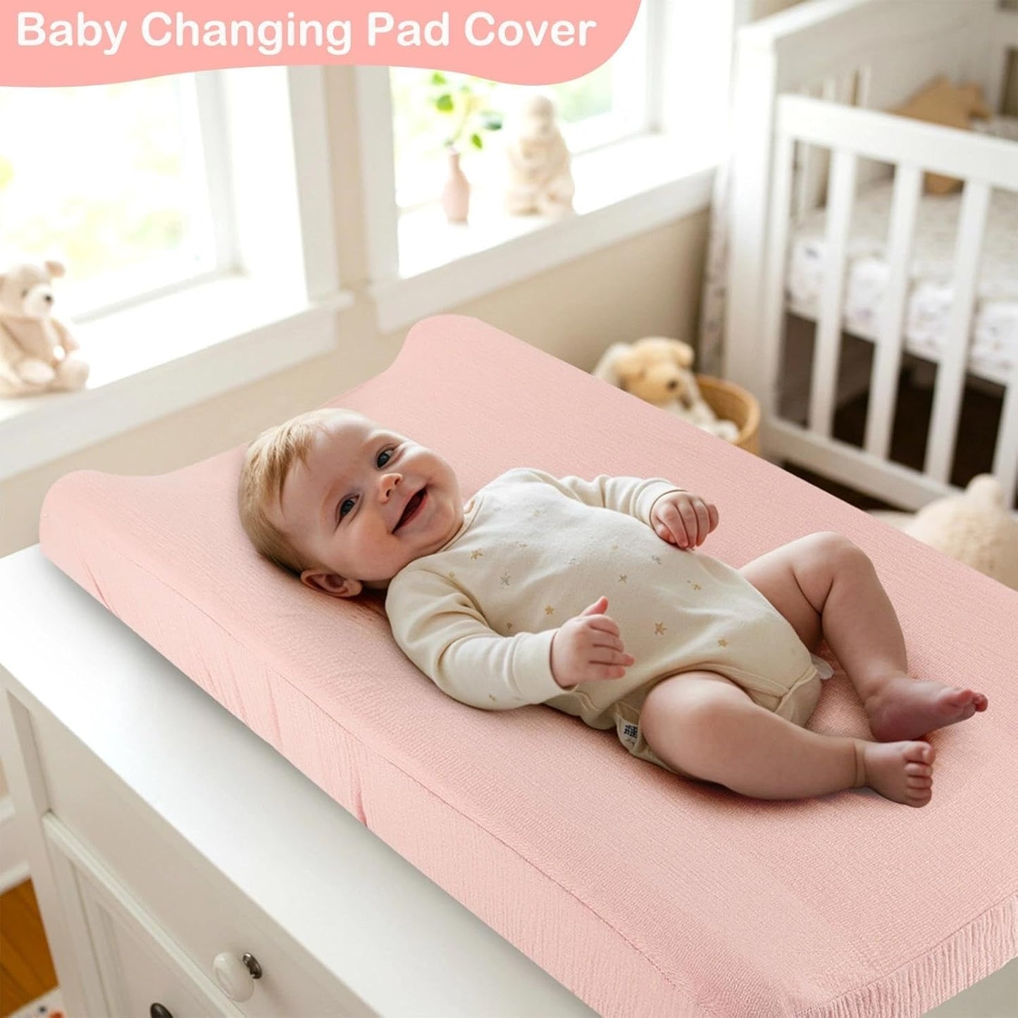 Basumee Muslin Changing Pad Cover Waterproof 2 Pack Baby Changing Table Covers for Boys and Girls Soft Breathable Nursery Diaper Change Table Cover Pad Fits 32"x16", Pink