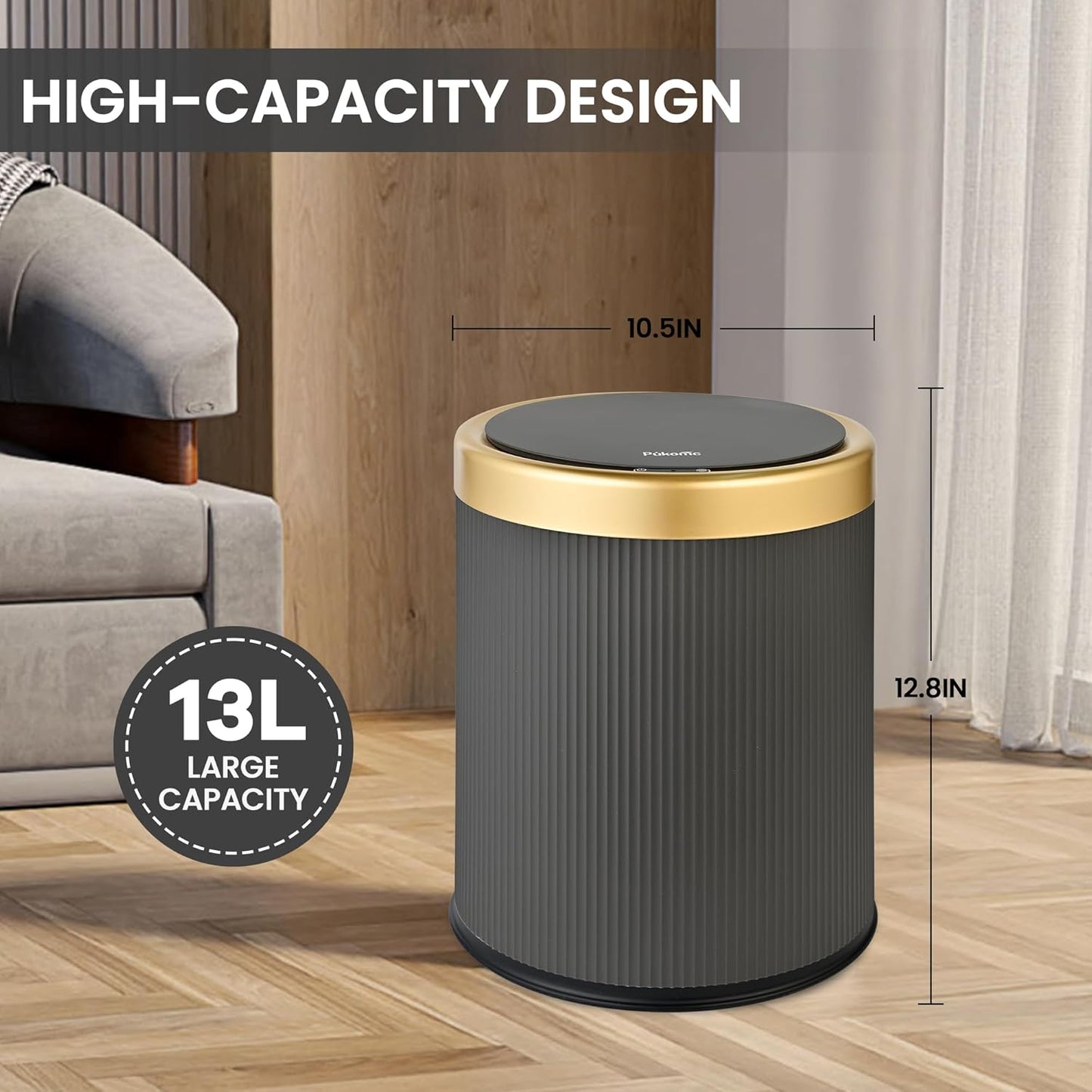 Pukomc Bathroom Trash Can with Lid，3.5 Gallon Motion Sensor Waterproof Touchless Garbage Can, Smart Plastic Trash Bins Suitable for Kitchen, Bathroom, Bedroom, Living Room, Office Grey