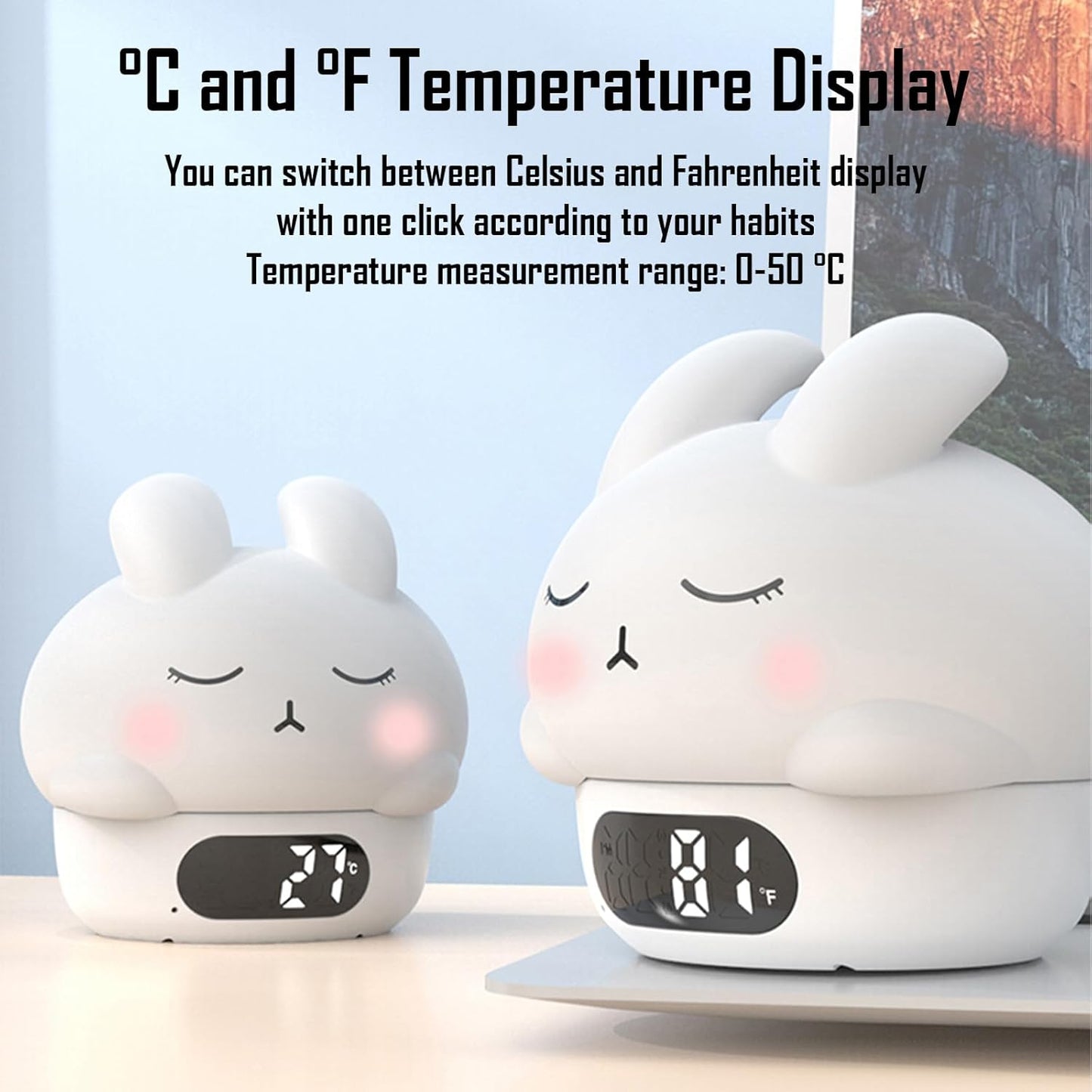 Cute Bunny RGB Rechargeable Night Light, Soft Silicone Lampshade, Adjustable Brightness LED Clock, Date, Alarm, Thermometer, Timer, Tap Control, Bedroom Lamp, Gift for Girl and Kid (White Bunny)