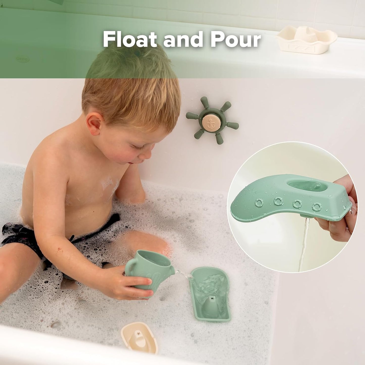 Haakaa Nautical Silicone Baby Bath Toys Set, Food Grade Silicone Bathtub Toys for Toddlers, Mold-Free Stacking Boats & Spinner Toy & Pouring Cup, BPA Free Floating Tub Toys for Baby 6M+