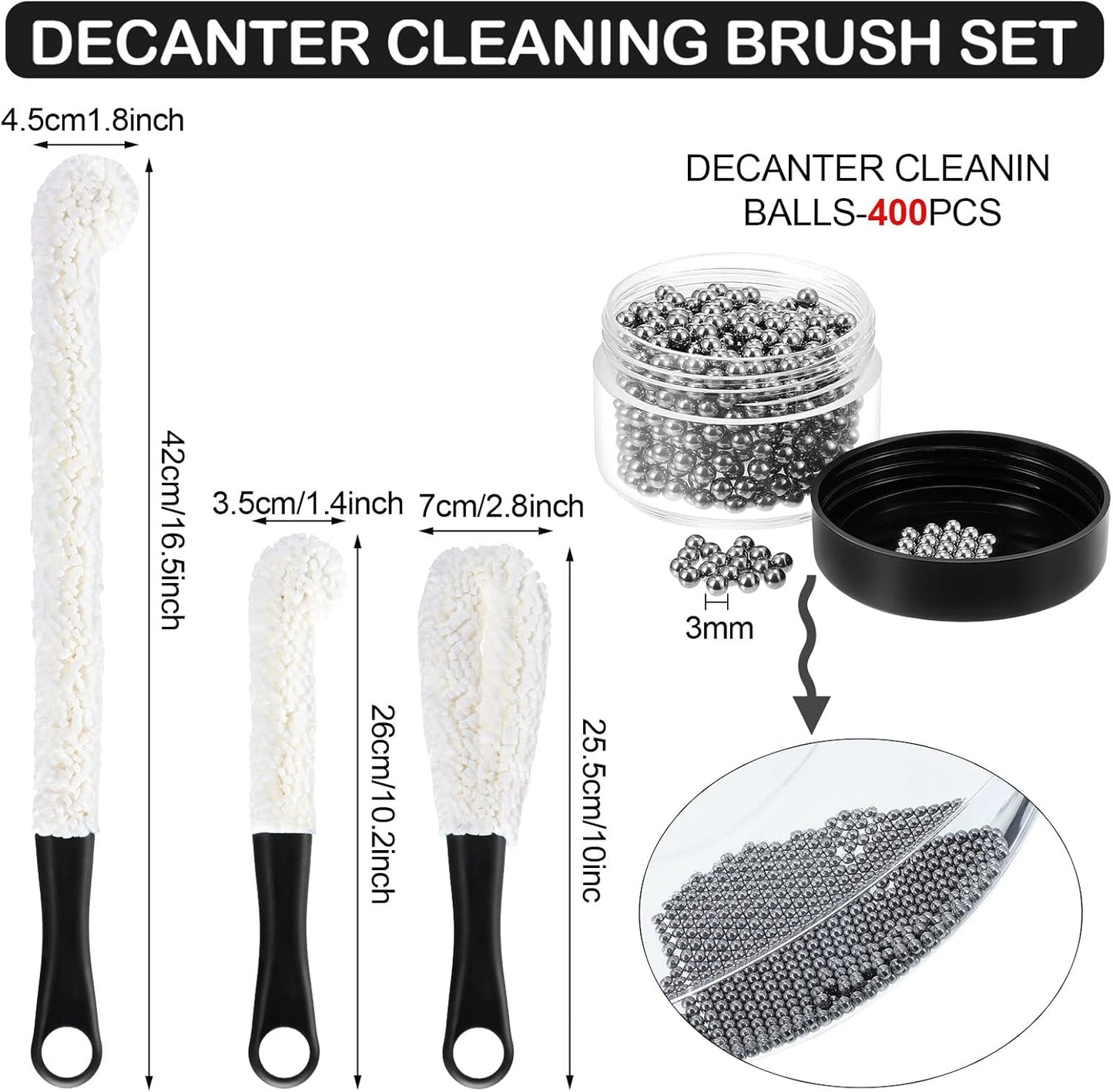 3 Pieces Decanter Cleaning Brush Flexible Bottle Scourer and 400 Pieces Reusable Decanter Cleaning Beads Household Tools for Wine Decanters Goblets Glasses Cups (Black Handle)