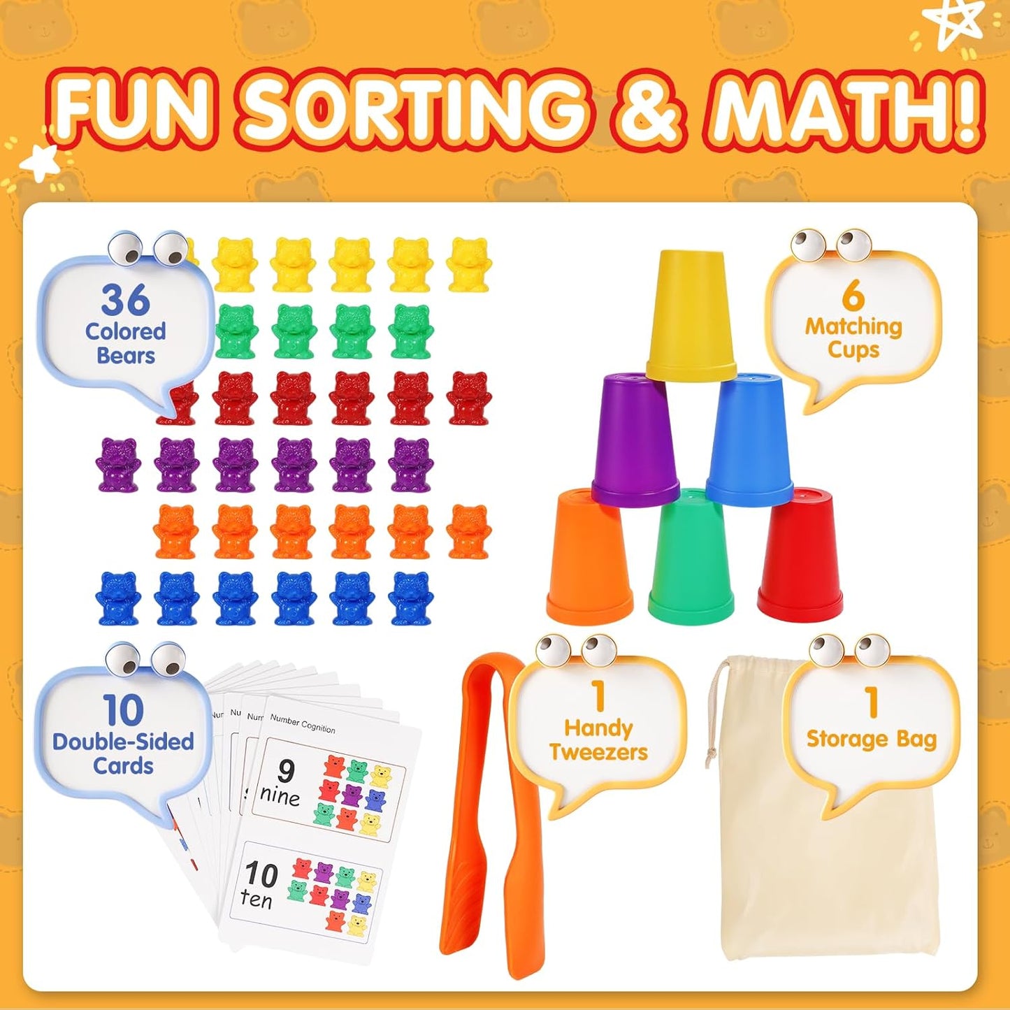 Bmag Counting Bears with Matching Sorting Cups, Preschool Learning Toys Color Recognition and Math Learning Games, STEM Educational Toy Gift for Kids Age 3 4 5 Year Old Boys Girls