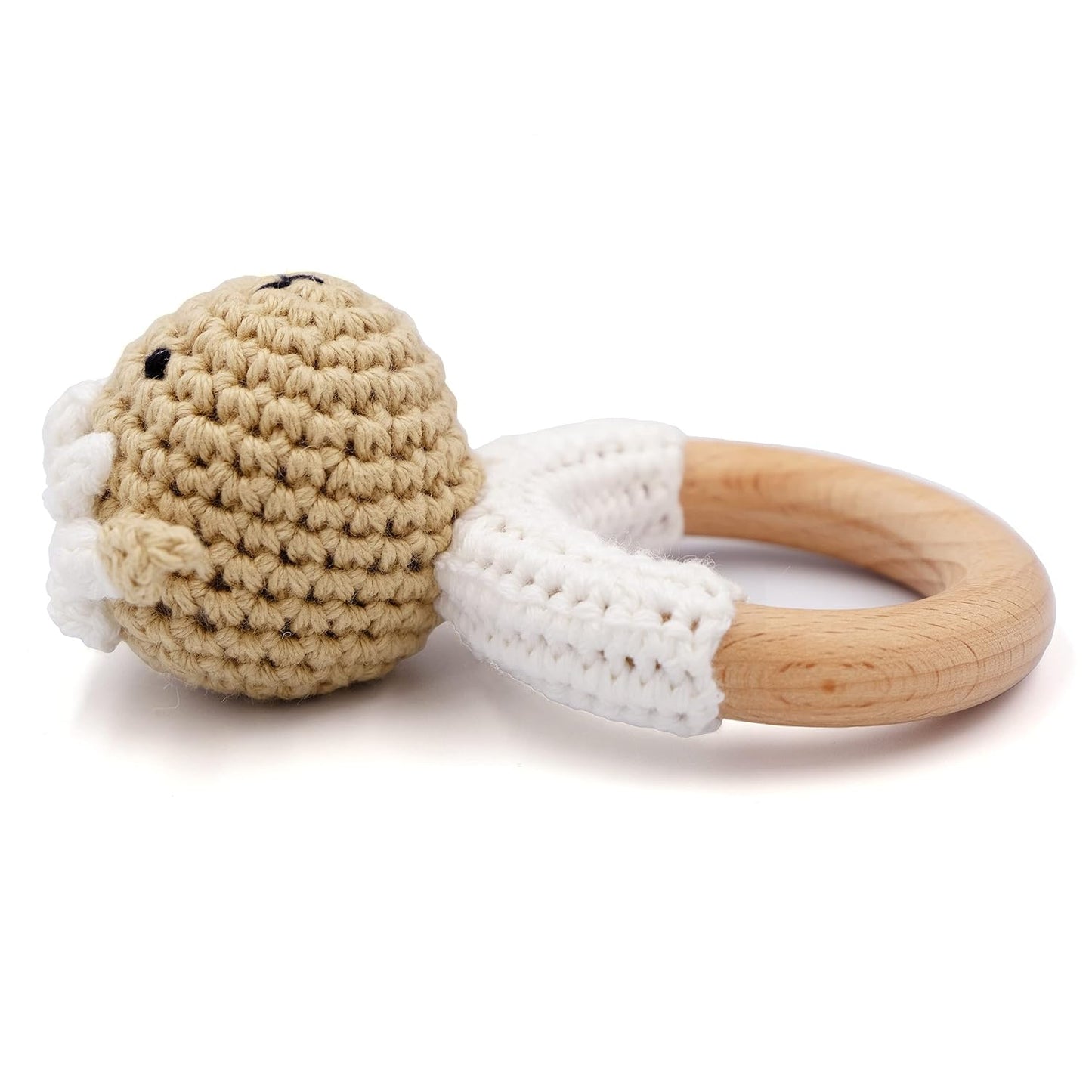 Joliecraft Natural Wooden Baby Rattle Soft Shaker Toy with Teething Ring for Infants Cream Lamb
