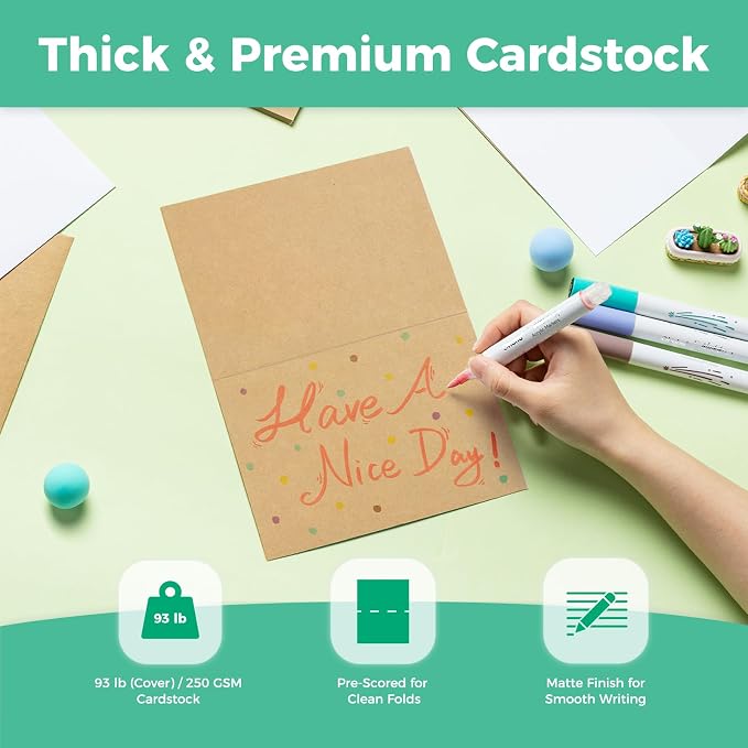 Ohuhu A2 Blank Brown Kraft Cards and Self-Seal Envelopes 100 Pack | 4.25" x