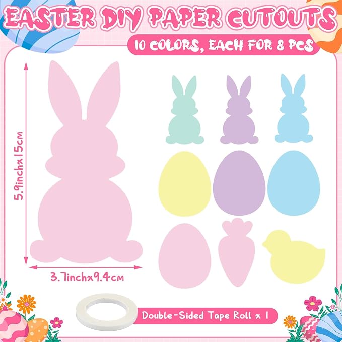 Funrous 80 Pcs Easter Paper Cutouts Pastel Bunny Egg Chick Carrot Cutouts