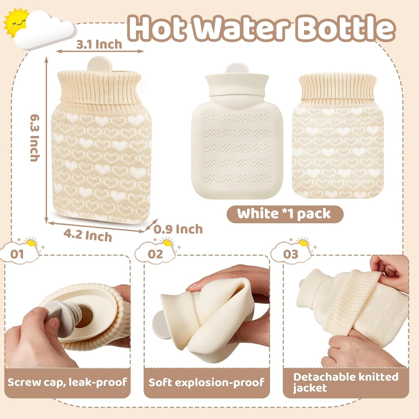Amylove Mini Hot Water Bottle 320ml for Hot & Cold Compress with Cover Silicone Microwave Heating Small Water Bag for Travel Pain Relief Holiday Gifts(White)