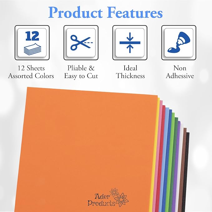 Eva Foam Sheets, 12 Assorted Colors, 2mm Thick, 6 x 9 Inch, Handicraft Foam